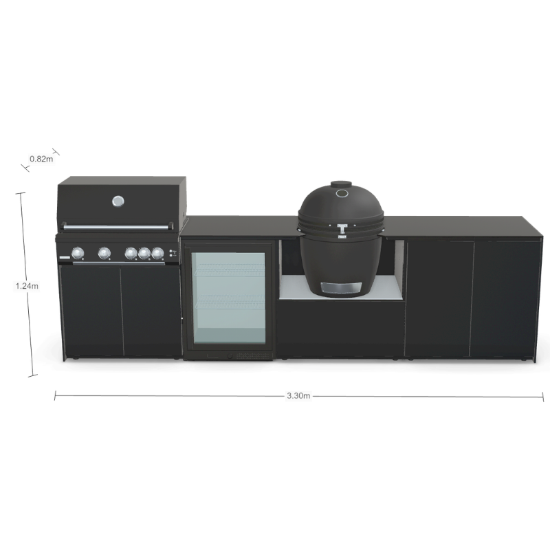 Fontana Forni Ignes Outdoor Modular Kitchen - 4 Burner Gas BBQ, Fridge, 24 Inch Kamado & Double Door Max Storage