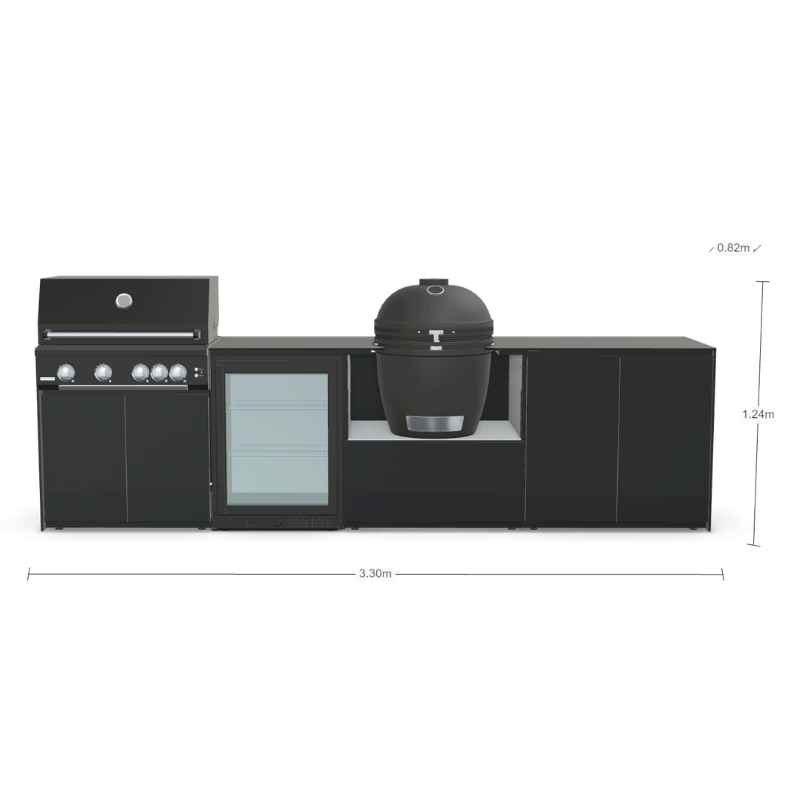 Fontana Forni Ignes Outdoor Modular Kitchen - 4 Burner Gas BBQ, Fridge, 24 Inch Kamado & Double Door Max Storage