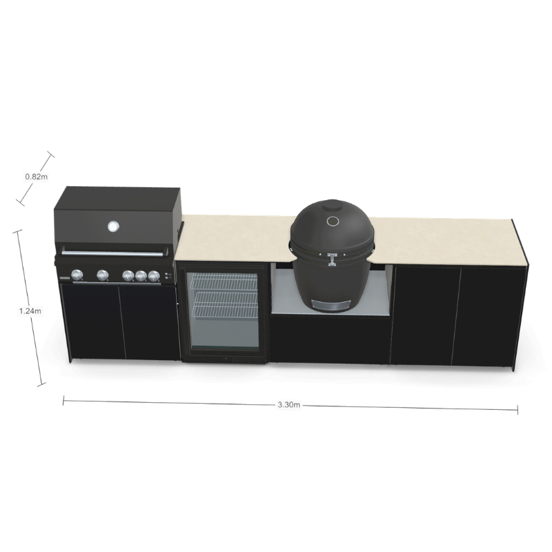 Fontana Forni Ignes Outdoor Modular Kitchen - 4 Burner Gas BBQ, Fridge, 24 Inch Kamado & Double Door Max Storage
