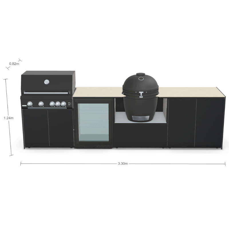 Fontana Forni Ignes Outdoor Modular Kitchen - 4 Burner Gas BBQ, Fridge, 24 Inch Kamado & Double Door Max Storage