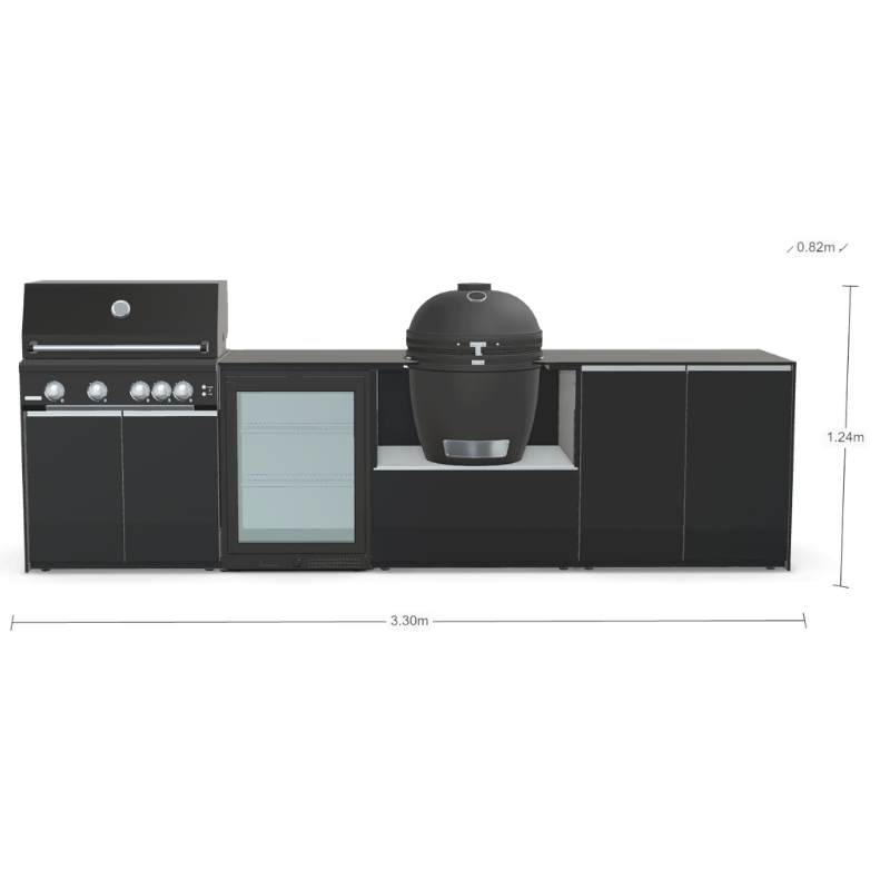 Fontana Forni Ignes Outdoor Modular Kitchen - 4 Burner Gas BBQ, Fridge, 24 Inch Kamado & Double Door Max Storage