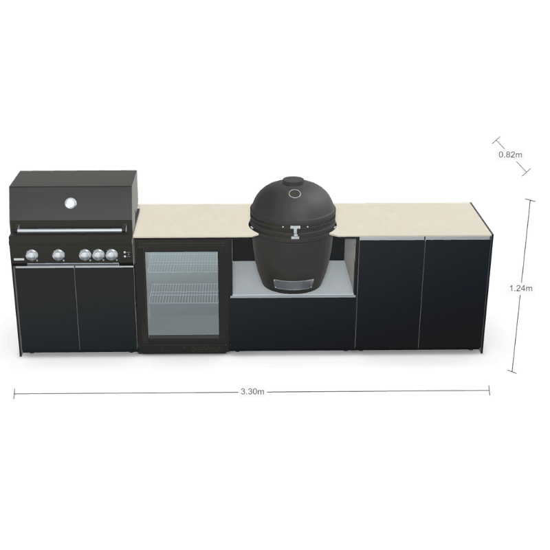 Fontana Forni Ignes Outdoor Modular Kitchen - 4 Burner Gas BBQ, Fridge, 24 Inch Kamado & Double Door Max Storage