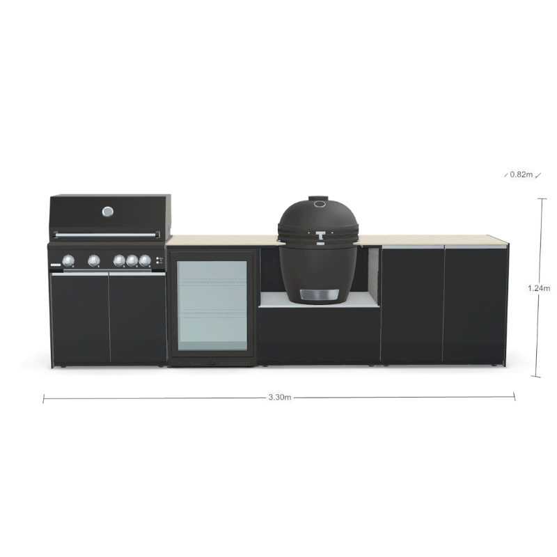 Fontana Forni Ignes Outdoor Modular Kitchen - 4 Burner Gas BBQ, Fridge, 24 Inch Kamado & Double Door Max Storage