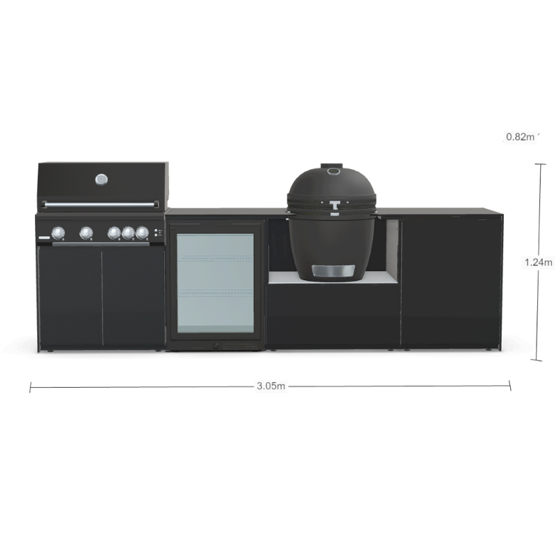 Fontana Forni Ignes Outdoor Modular Kitchen - 4 Burner Gas BBQ, Fridge, 24 Inch Kamado & Double Door Mid Storage