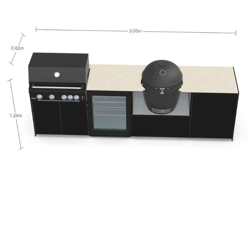 Fontana Forni Ignes Outdoor Modular Kitchen - 4 Burner Gas BBQ, Fridge, 24 Inch Kamado & Double Door Mid Storage