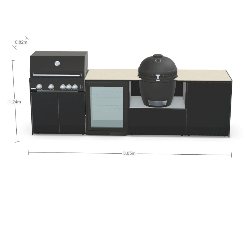 Fontana Forni Ignes Outdoor Modular Kitchen - 4 Burner Gas BBQ, Fridge, 24 Inch Kamado & Double Door Mid Storage