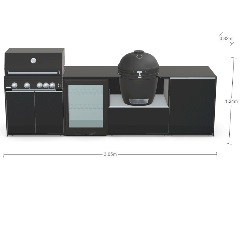 Fontana Forni Ignes Outdoor Modular Kitchen - 4 Burner Gas BBQ, Fridge, 24 Inch Kamado & Double Door Mid Storage