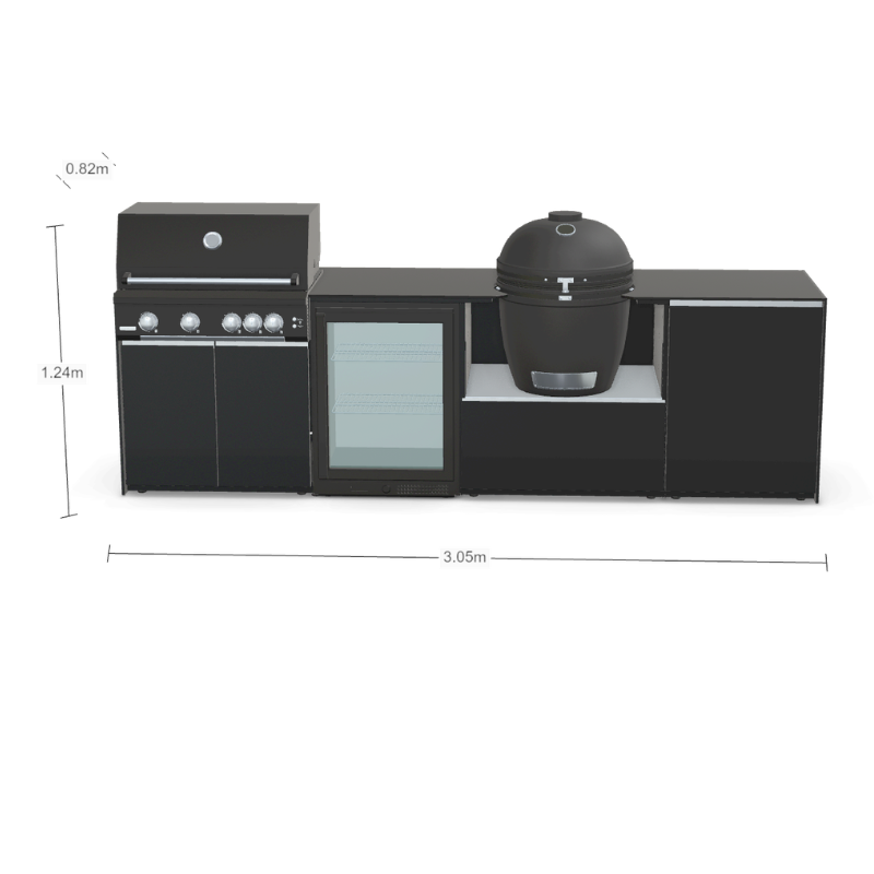 Fontana Forni Ignes Outdoor Modular Kitchen - 4 Burner Gas BBQ, Fridge, 24 Inch Kamado & Double Door Mid Storage