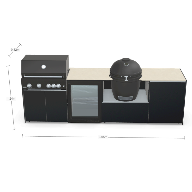 Fontana Forni Ignes Outdoor Modular Kitchen - 4 Burner Gas BBQ, Fridge, 24 Inch Kamado & Double Door Mid Storage