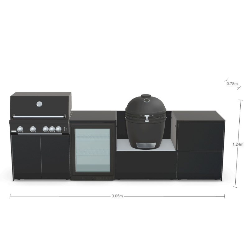 Fontana Forni Ignes Outdoor Modular Kitchen - 4 Burner Gas BBQ, Fridge, 24 Inch Smart Kamado & Double Drawer Mid Storage