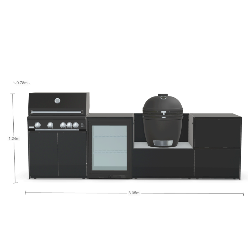 Fontana Forni Ignes Outdoor Modular Kitchen - 4 Burner Gas BBQ, Fridge, 24 Inch Smart Kamado & Double Drawer Mid Storage