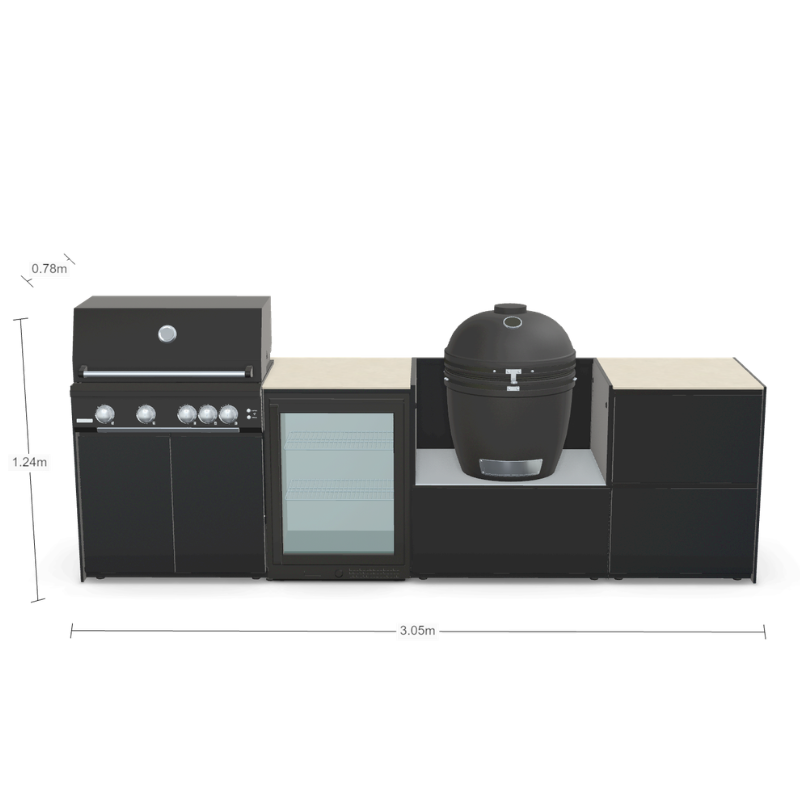 Fontana Forni Ignes Outdoor Modular Kitchen - 4 Burner Gas BBQ, Fridge, 24 Inch Smart Kamado & Double Drawer Mid Storage