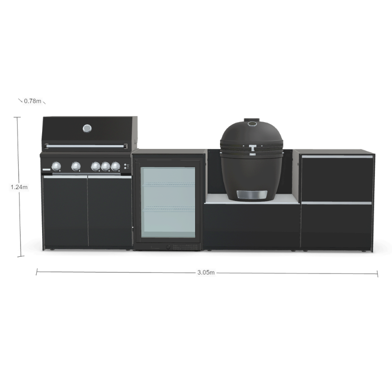 Fontana Forni Ignes Outdoor Modular Kitchen - 4 Burner Gas BBQ, Fridge, 24 Inch Smart Kamado & Double Drawer Mid Storage