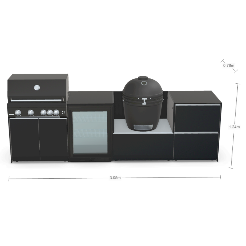 Fontana Forni Ignes Outdoor Modular Kitchen - 4 Burner Gas BBQ, Fridge, 24 Inch Smart Kamado & Double Drawer Mid Storage