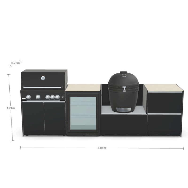 Fontana Forni Ignes Outdoor Modular Kitchen - 4 Burner Gas BBQ, Fridge, 24 Inch Smart Kamado & Double Drawer Mid Storage