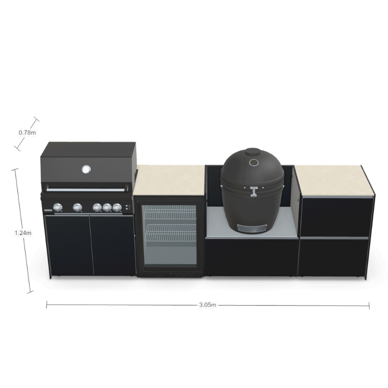 Fontana Forni Ignes Outdoor Modular Kitchen - 4 Burner Gas BBQ, Fridge, 24 Inch Smart Kamado & Double Drawer Mid Storage