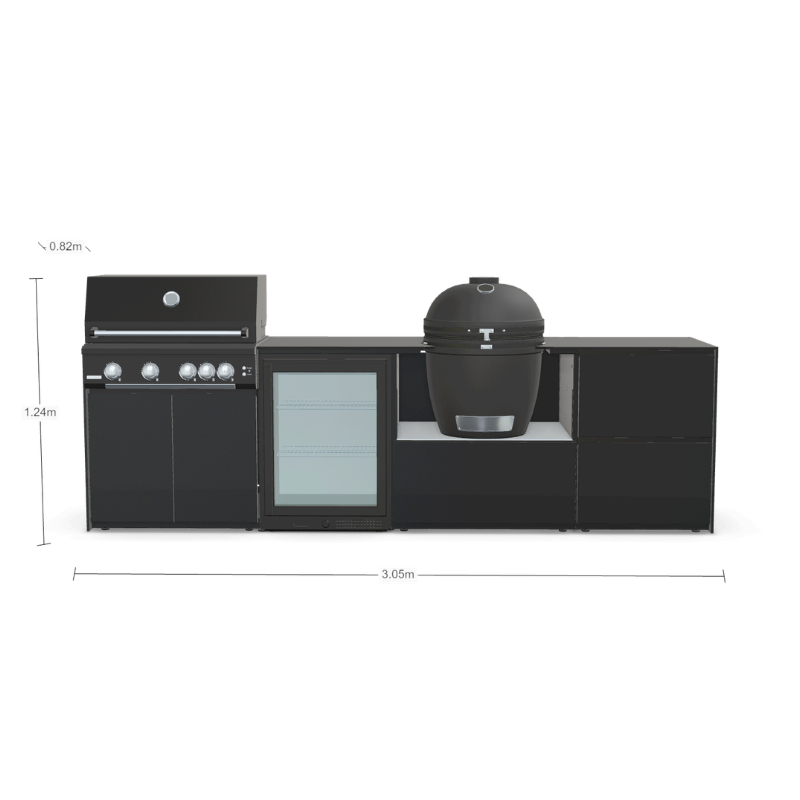 Fontana Forni Ignes Outdoor Modular Kitchen - 4 Burner Gas BBQ, Fridge, 24 Inch Kamado & Double Drawer Mid Storage