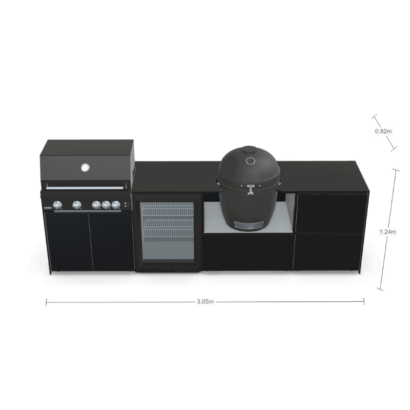 Fontana Forni Ignes Outdoor Modular Kitchen - 4 Burner Gas BBQ, Fridge, 24 Inch Kamado & Double Drawer Mid Storage