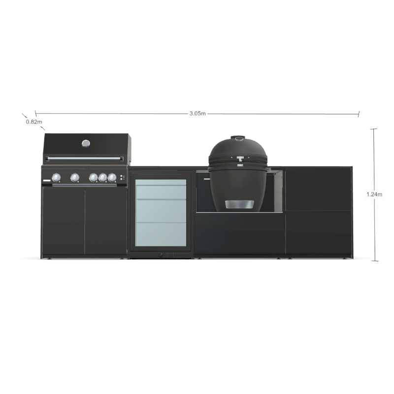 Fontana Forni Ignes Outdoor Modular Kitchen - 4 Burner Gas BBQ, Fridge, 24 Inch Kamado & Double Drawer Mid Storage
