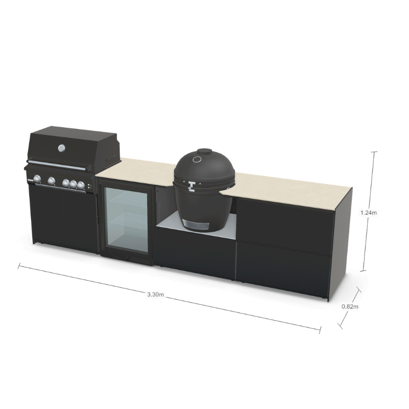 Fontana Forni Ignes Outdoor Modular Kitchen - 4 Burner Gas BBQ, Fridge, 24 Inch Kamado & Double Drawer Max Storage