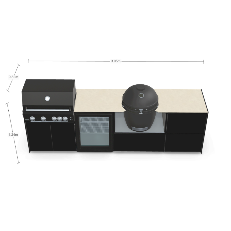 Fontana Forni Ignes Outdoor Modular Kitchen - 4 Burner Gas BBQ, Fridge, 24 Inch Kamado & Double Drawer Mid Storage