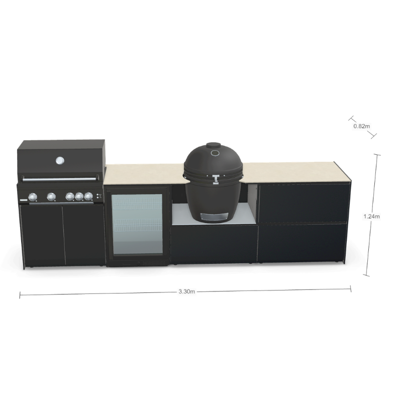 Fontana Forni Ignes Outdoor Modular Kitchen - 4 Burner Gas BBQ, Fridge, 24 Inch Kamado & Double Drawer Max Storage
