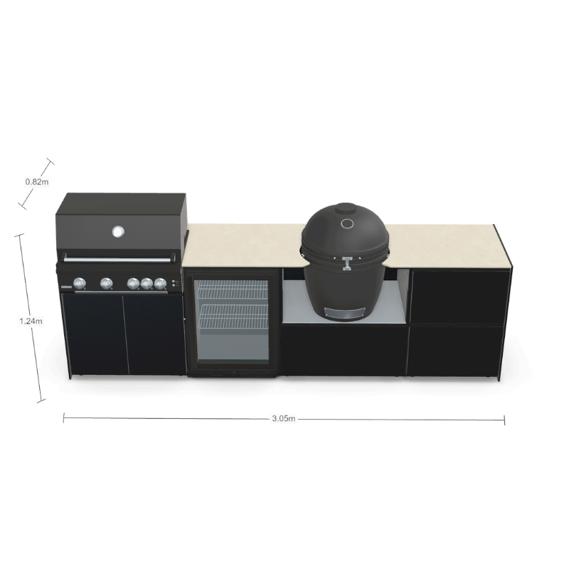 Fontana Forni Ignes Outdoor Modular Kitchen - 4 Burner Gas BBQ, Fridge, 24 Inch Kamado & Double Drawer Mid Storage