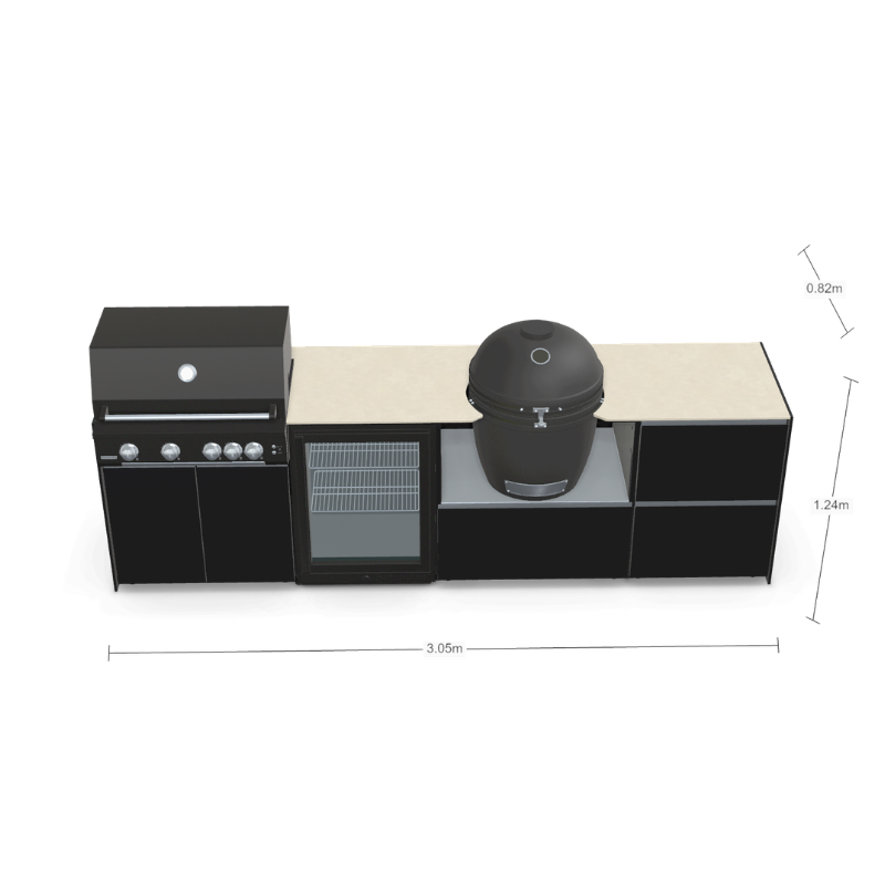 Fontana Forni Ignes Outdoor Modular Kitchen - 4 Burner Gas BBQ, Fridge, 24 Inch Kamado & Double Drawer Mid Storage