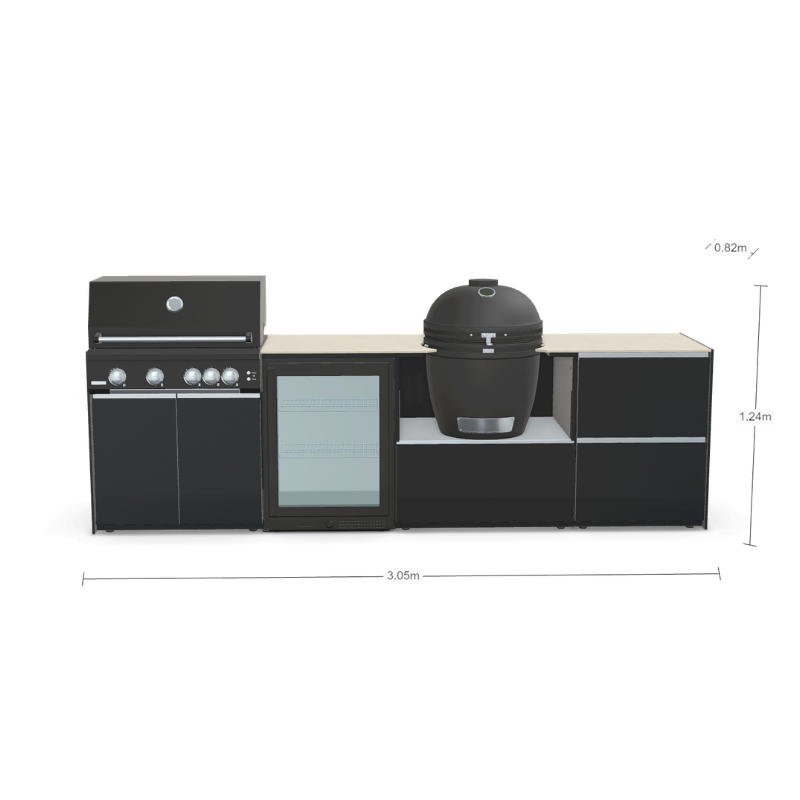 Fontana Forni Ignes Outdoor Modular Kitchen - 4 Burner Gas BBQ, Fridge, 24 Inch Kamado & Double Drawer Mid Storage