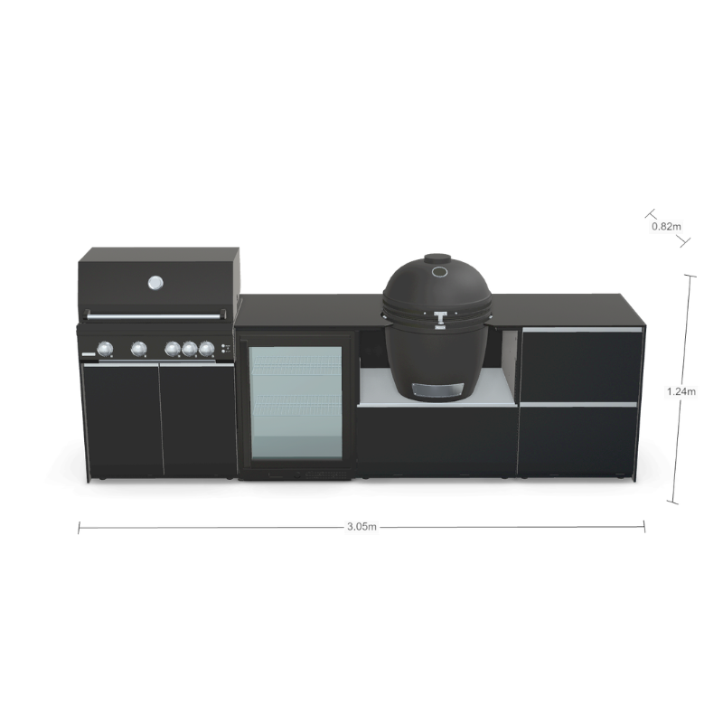 Fontana Forni Ignes Outdoor Modular Kitchen - 4 Burner Gas BBQ, Fridge, 24 Inch Kamado & Double Drawer Mid Storage