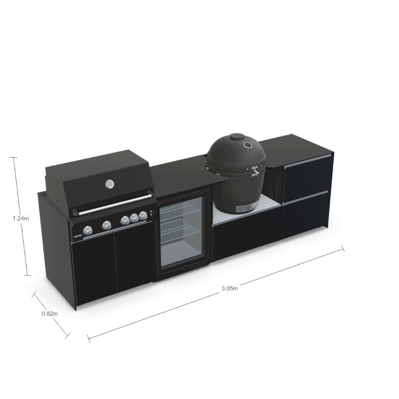 Fontana Forni Ignes Outdoor Modular Kitchen - 4 Burner Gas BBQ, Fridge, 24 Inch Kamado & Double Drawer Mid Storage