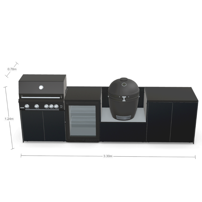 Fontana Forni Ignes Outdoor Modular Kitchen - 4 Burner Gas BBQ, Fridge, 24 Inch Smart Kamado & Double Door Max Storage
