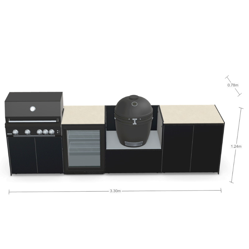 Fontana Forni Ignes Outdoor Modular Kitchen - 4 Burner Gas BBQ, Fridge, 24 Inch Smart Kamado & Double Door Max Storage