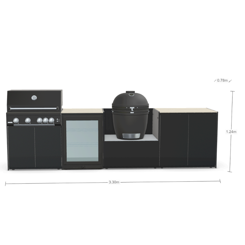 Fontana Forni Ignes Outdoor Modular Kitchen - 4 Burner Gas BBQ, Fridge, 24 Inch Smart Kamado & Double Door Max Storage