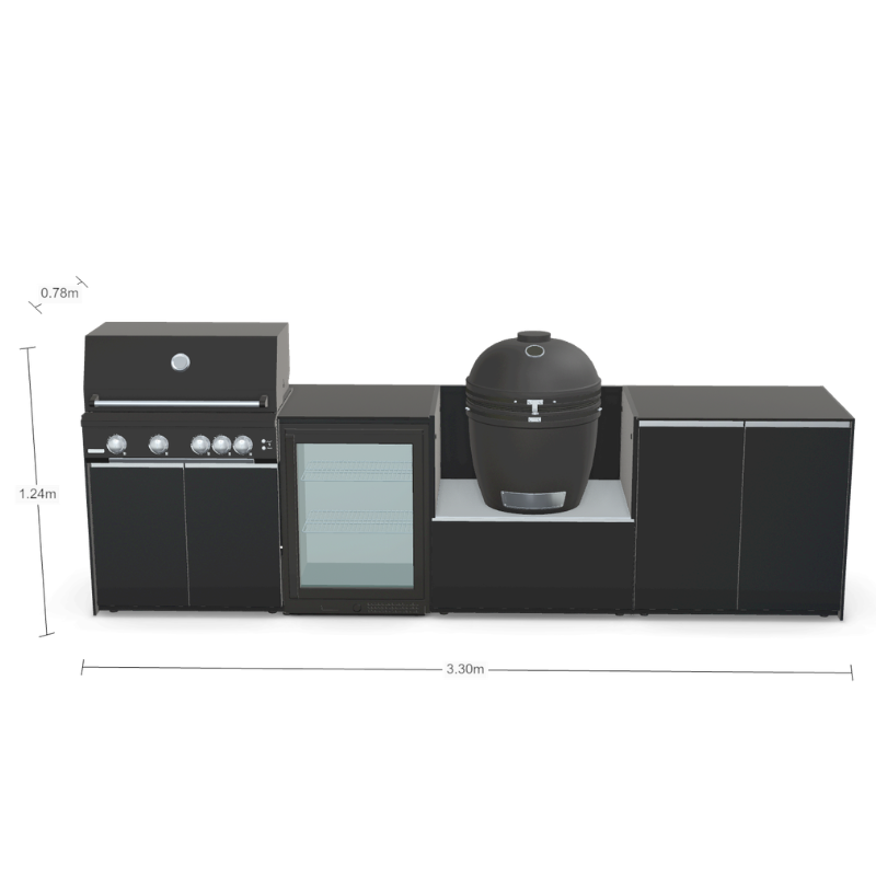 Fontana Forni Ignes Outdoor Modular Kitchen - 4 Burner Gas BBQ, Fridge, 24 Inch Smart Kamado & Double Door Max Storage