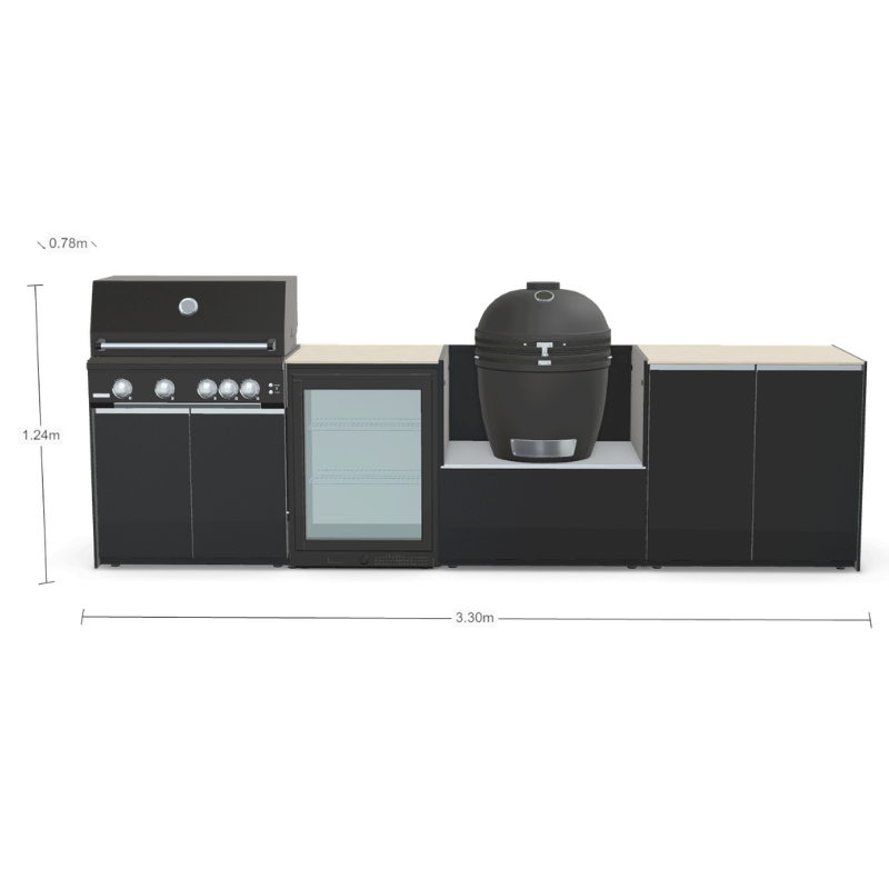 Fontana Forni Ignes Outdoor Modular Kitchen - 4 Burner Gas BBQ, Fridge, 24 Inch Smart Kamado & Double Door Max Storage