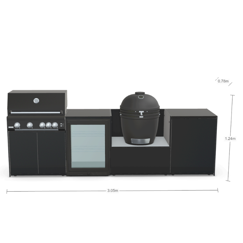 Fontana Forni Ignes Outdoor Modular Kitchen - 4 Burner Gas BBQ, Fridge, 24 Inch Smart Kamado & Double Door Mid Storage