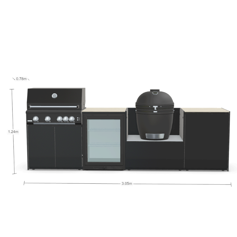 Fontana Forni Ignes Outdoor Modular Kitchen - 4 Burner Gas BBQ, Fridge, 24 Inch Smart Kamado & Double Door Mid Storage