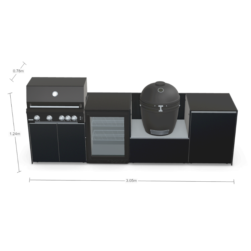 Fontana Forni Ignes Outdoor Modular Kitchen - 4 Burner Gas BBQ, Fridge, 24 Inch Smart Kamado & Double Door Mid Storage