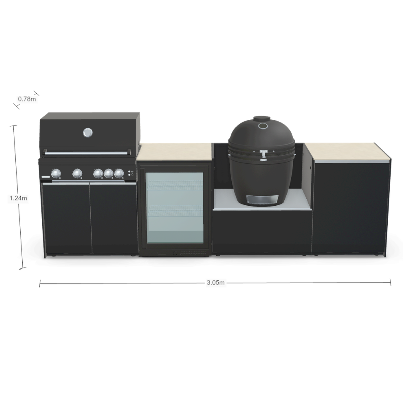 Fontana Forni Ignes Outdoor Modular Kitchen - 4 Burner Gas BBQ, Fridge, 24 Inch Smart Kamado & Double Door Mid Storage
