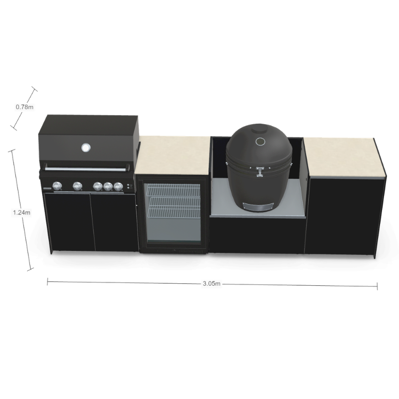 Fontana Forni Ignes Outdoor Modular Kitchen - 4 Burner Gas BBQ, Fridge, 24 Inch Smart Kamado & Double Door Mid Storage