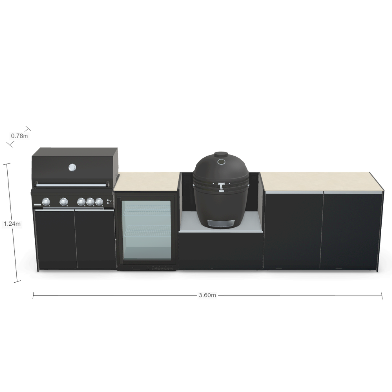 Fontana Forni Ignes Outdoor Modular Kitchen - 4 Burner Gas BBQ, Fridge, 24 Inch Smart Kamado & Double Door Plus Storage