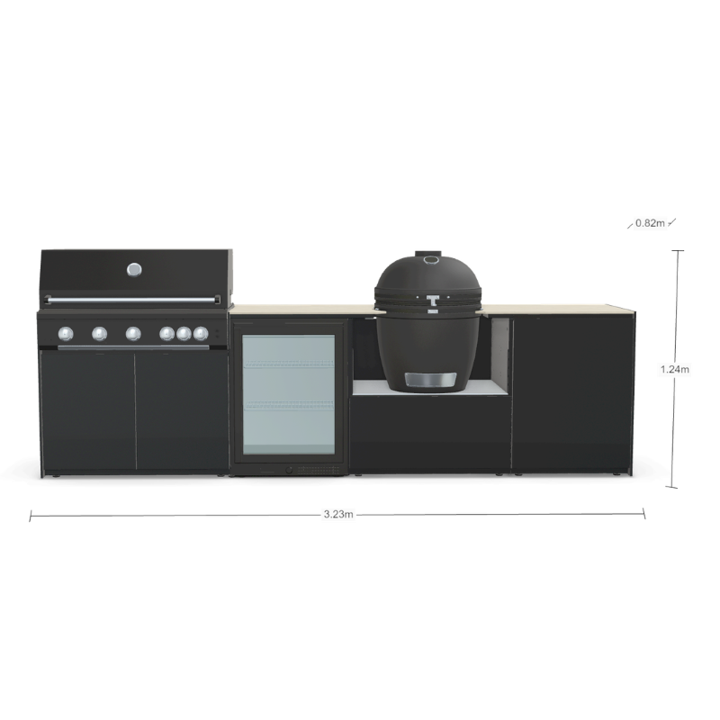 Fontana Forni Ignes Outdoor Modular Kitchen - 5 Burner Gas BBQ, Fridge, 24 Inch Kamado & Double Door Mid Storage