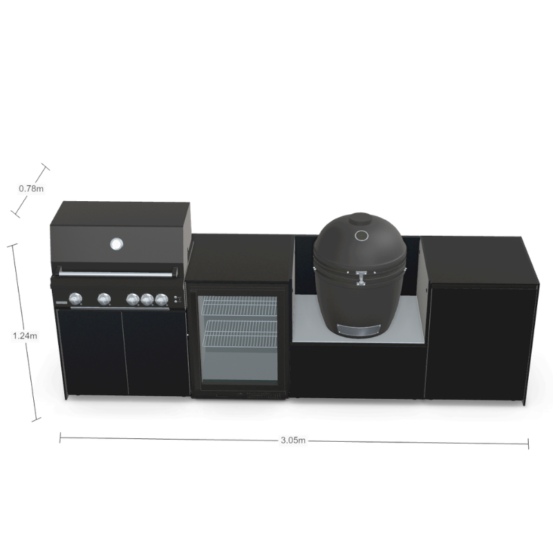 Fontana Forni Ignes Outdoor Modular Kitchen - 4 Burner Gas BBQ, Fridge, 24 Inch Smart Kamado & Double Door Mid Storage
