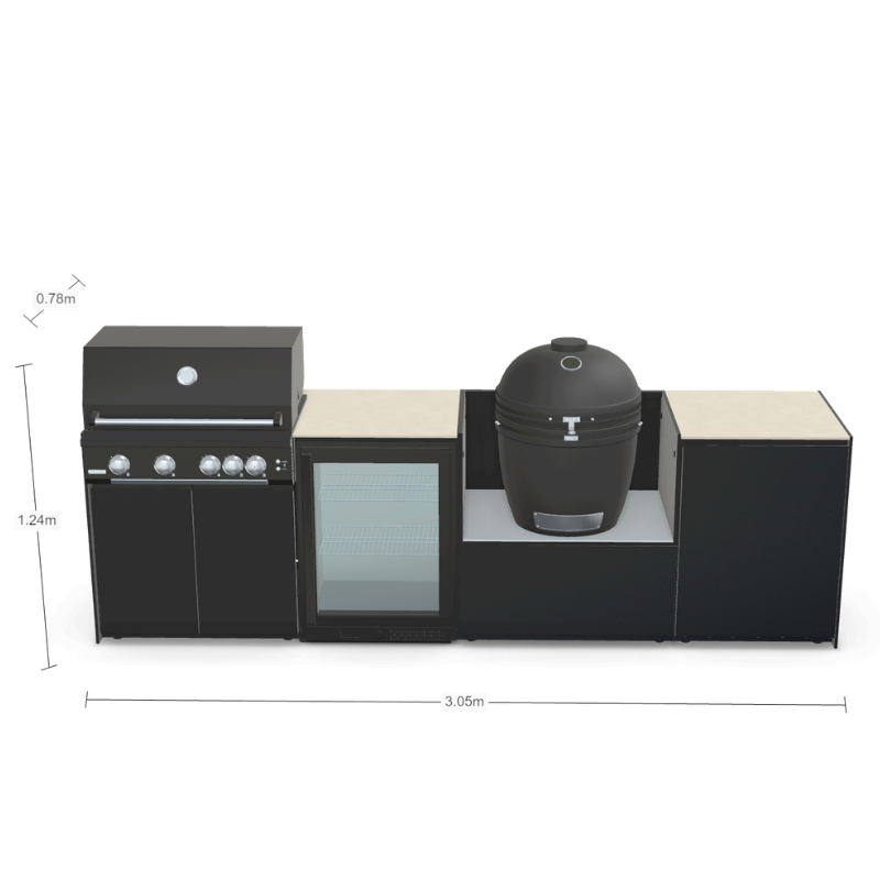 Fontana Forni Ignes Outdoor Modular Kitchen - 4 Burner Gas BBQ, Fridge, 24 Inch Smart Kamado & Double Door Mid Storage