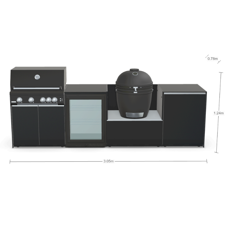 Fontana Forni Ignes Outdoor Modular Kitchen - 4 Burner Gas BBQ, Fridge, 24 Inch Smart Kamado & Double Door Mid Storage