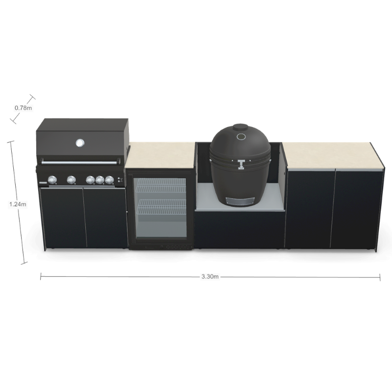 Fontana Forni Ignes Outdoor Modular Kitchen - 4 Burner Gas BBQ, Fridge, 24 Inch Smart Kamado & Double Door Max Storage