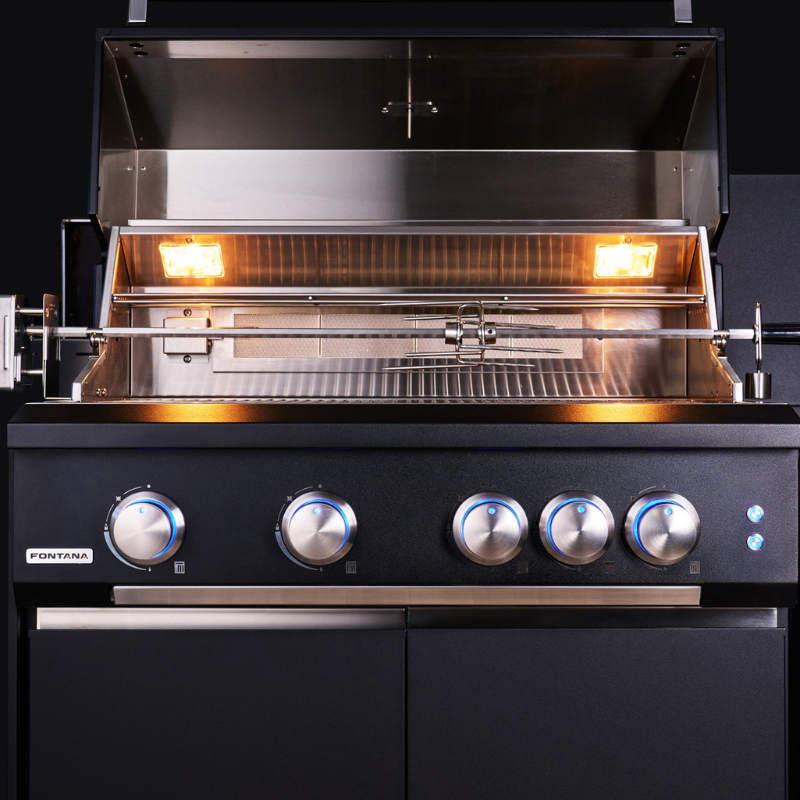 Fontana Forni Ignes Outdoor Modular Kitchen - 4 Burner Gas BBQ, Fridge, 24 Inch Kamado & Double Drawer Mid Storage