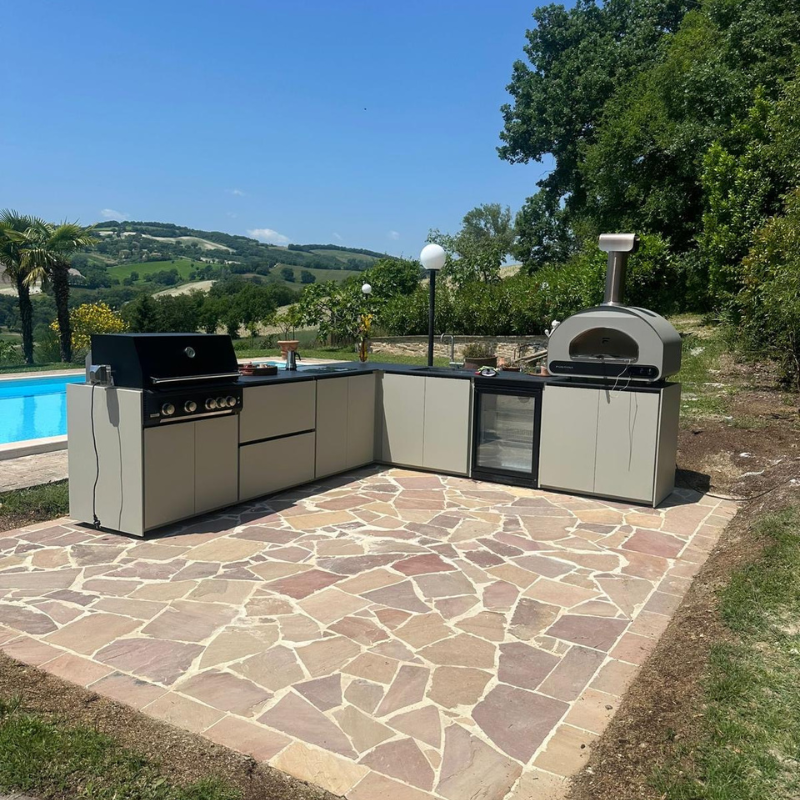 Fontana Forni Ignes Outdoor Modular Kitchen - 4 Burner Gas BBQ, Fridge, 24 Inch Kamado & Double Drawer Mid Storage