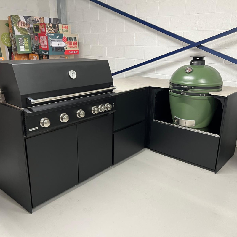 Fontana Forni Ignes Outdoor Modular Kitchen - 4 Burner Gas BBQ, Fridge, 24 Inch Kamado & Double Drawer Mid Storage